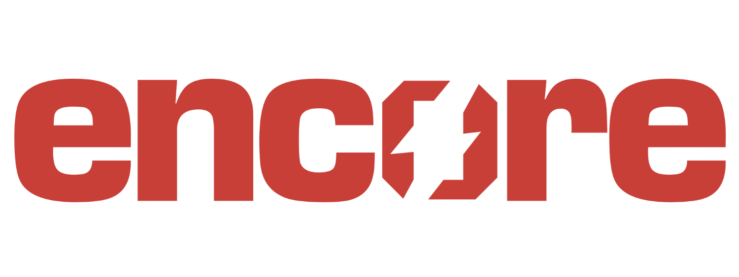 Encore lowercase wordmark with Volt-in-O glyph