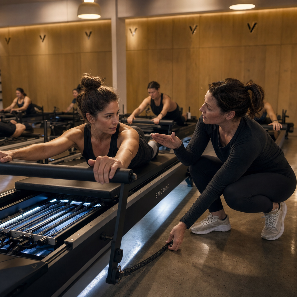 Instructor coaching a member through a reformer cue, dim reformer-room lighting (OpenAI Image 2 render)