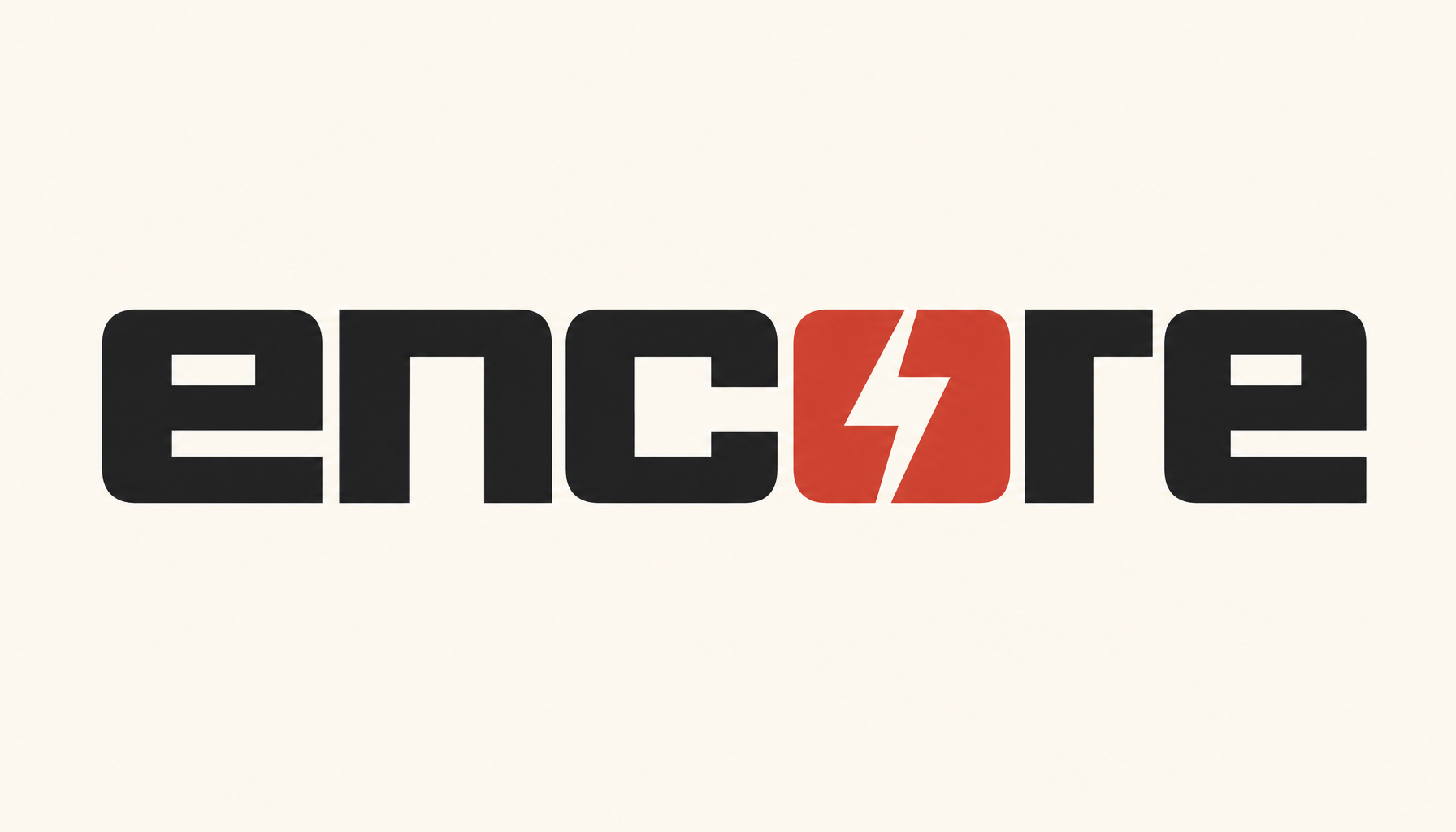 Render a lowercase Encore wordmark treatment on cream. Heavy extended geometric 