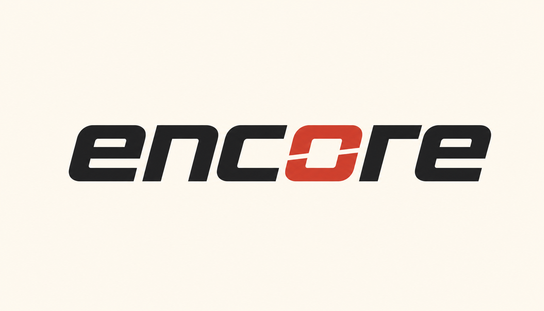 Render a lowercase Encore wordmark treatment on cream. Bold geometric sans with 