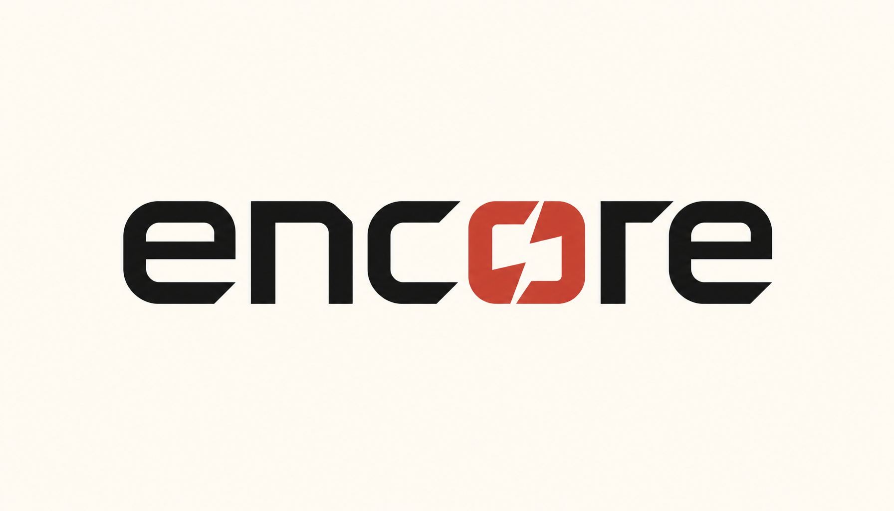 Render a lowercase Encore wordmark treatment on cream. High-contrast angular gro